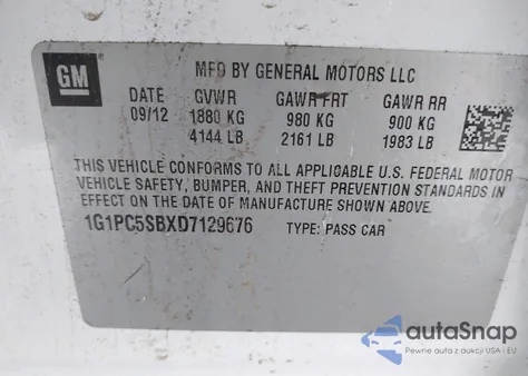 2013 Chevrolet Cruze 1Lt Auto z USA, uszkodzony, nr VIN 1G1PC5SBXD7129676